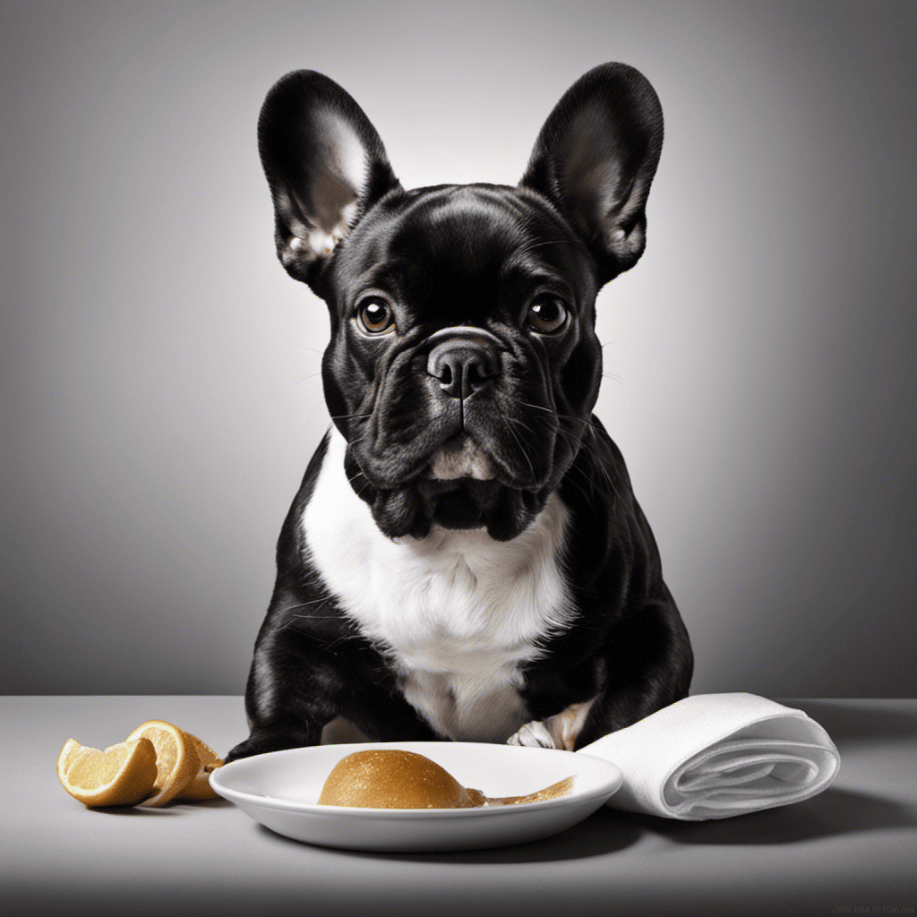 An image capturing a content French Bulldog, sitting with a closed mouth, a pristine white napkin tucked under its chin, while a small droplet of slobber precariously dangles from its lips