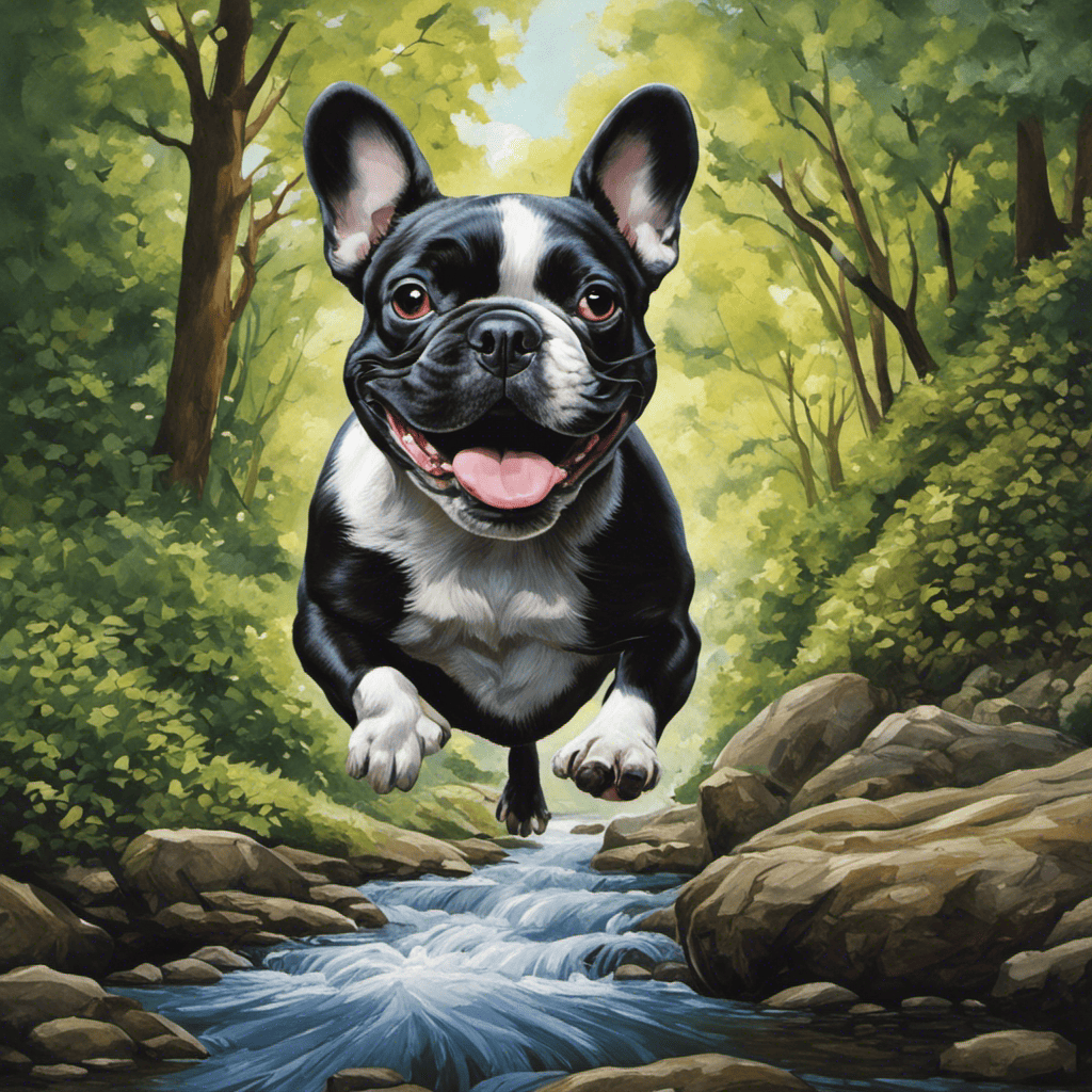 An image of a French Bulldog joyfully leaping over a small creek on a scenic hiking trail, surrounded by lush green trees and a clear blue sky