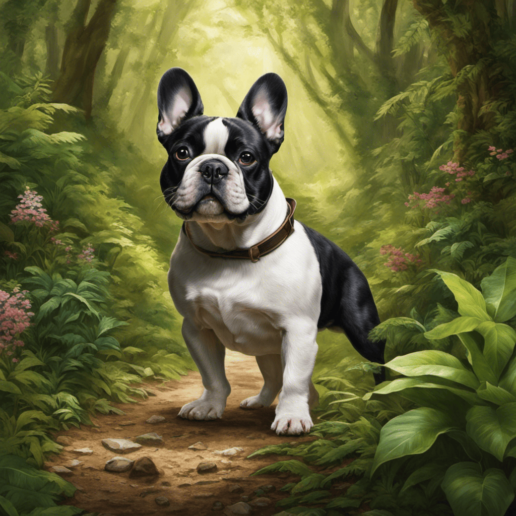 An image of a French Bulldog joyfully exploring a serene hiking trail surrounded by lush greenery and babbling brooks