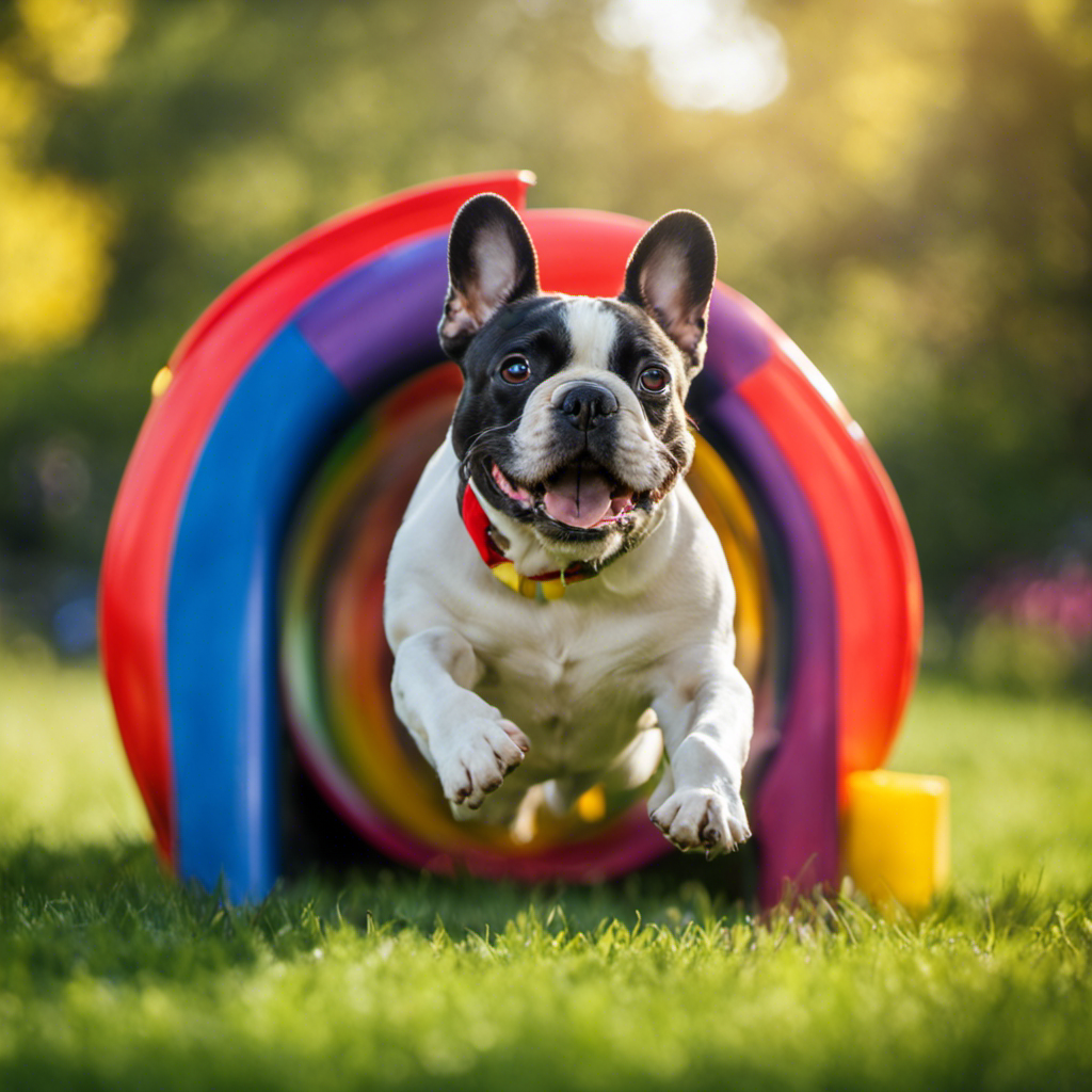  an image of a playful French Bulldog dashing through an agility tunnel in a lush green park, surrounded by colorful toys scattered on the grass, showcasing the joy and energy of outdoor games