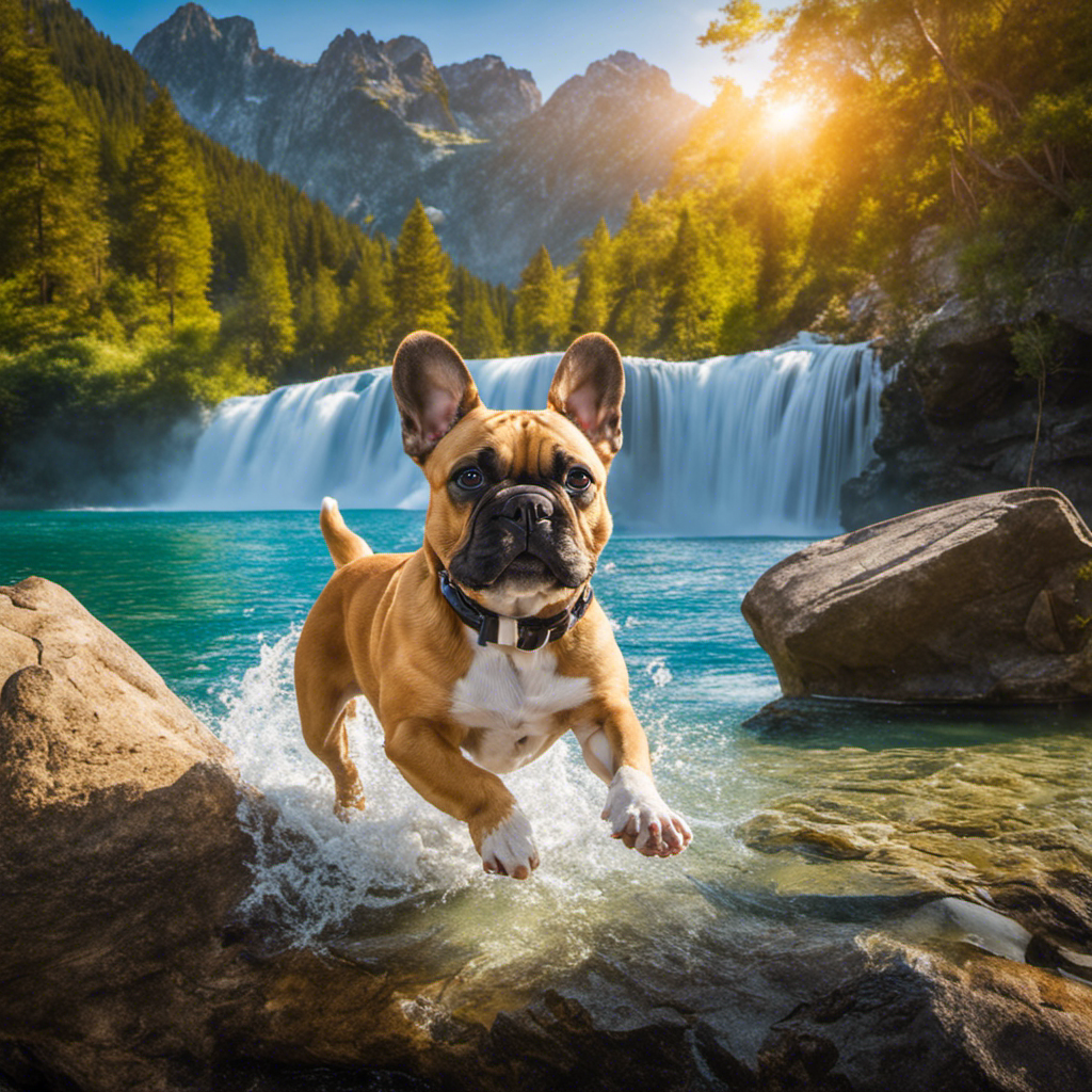 E the joy of a French Bulldog splashing through crystal-clear waters, with a scenic backdrop of serene lakes and breathtaking waterfalls, in this image highlighting the exhilarating water activities perfect for your furry companion