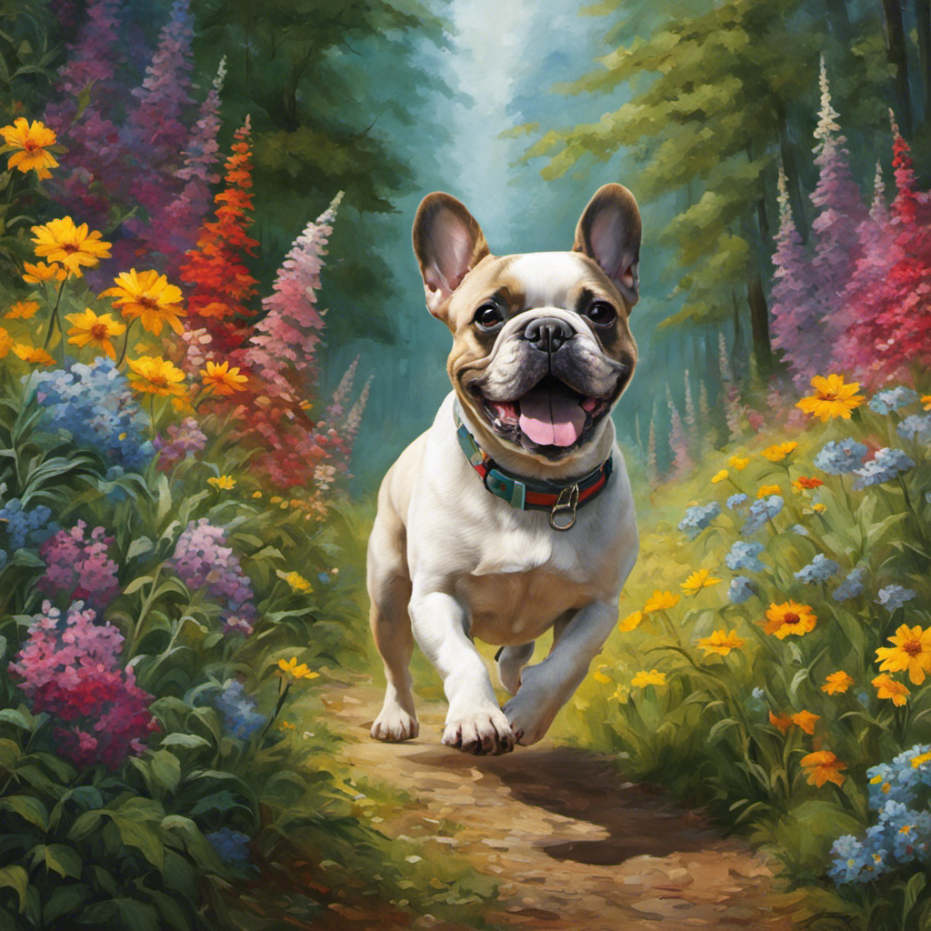 An image showcasing a French Bulldog happily trotting along a lush forest trail, surrounded by vibrant wildflowers and towering trees