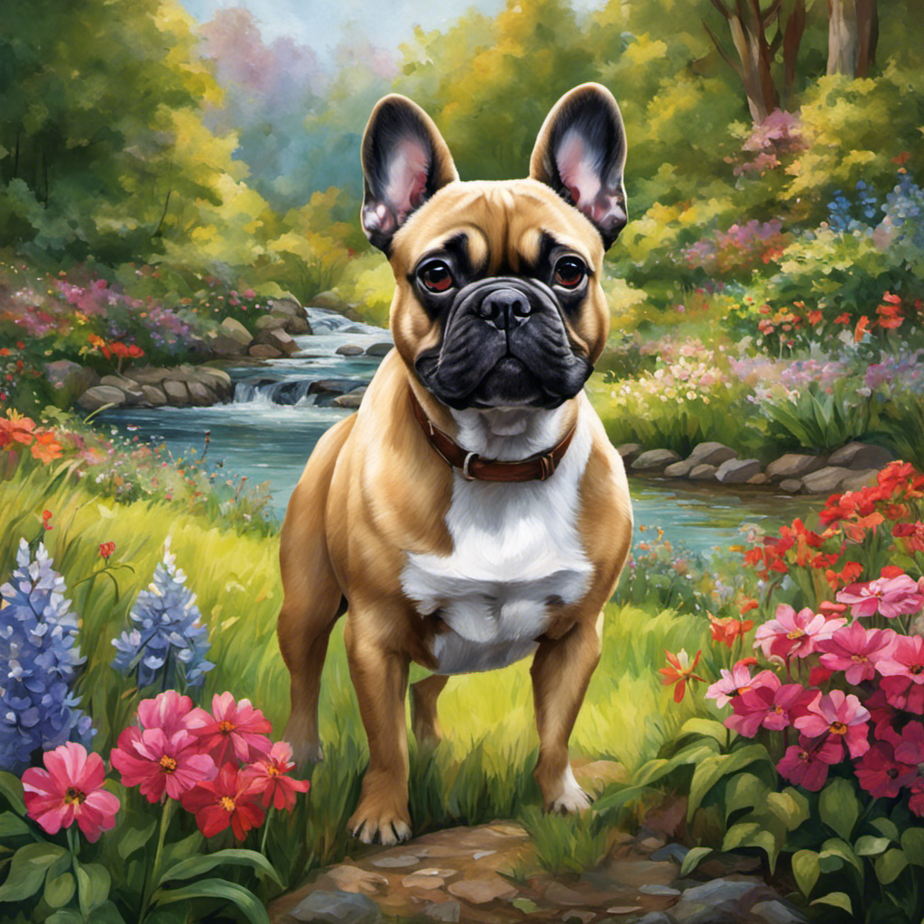 An image capturing a French Bulldog joyfully exploring a scenic dog-friendly park, surrounded by lush greenery, vibrant wildflowers, and a gentle stream flowing in the background