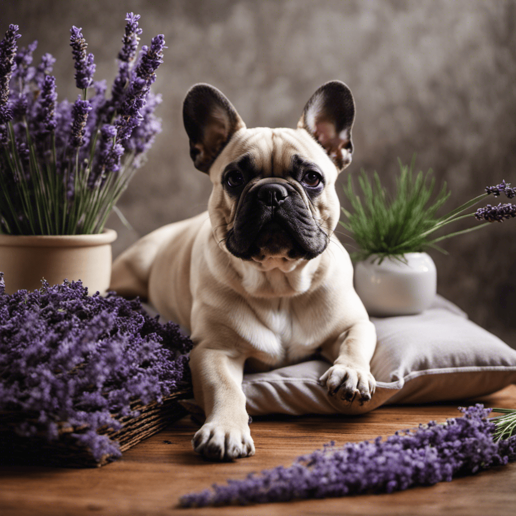 An image depicting a serene French Bulldog lying next to lavender plants, surrounded by essential oil diffusers, calming music, and a cozy bed, showcasing the natural remedies for calming French Bulldog anxiety