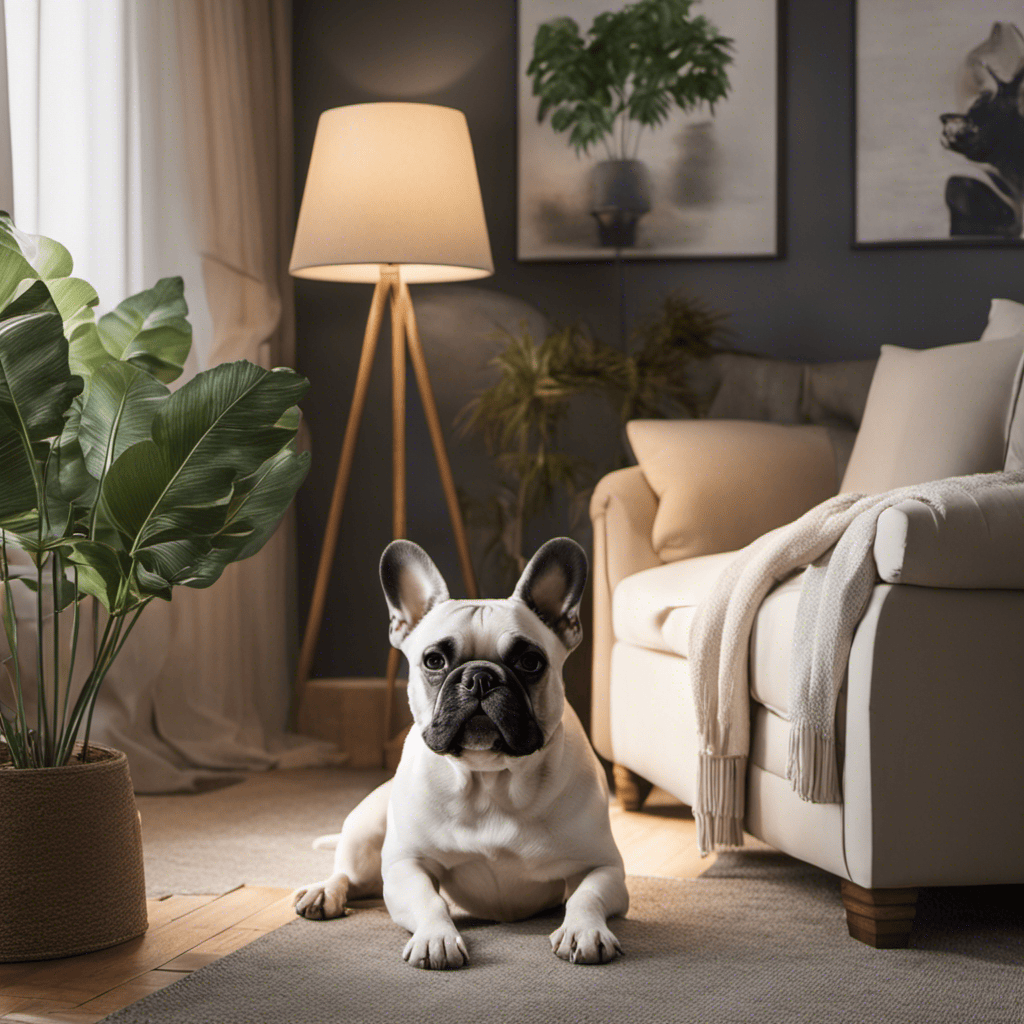 An image depicting a serene living room with soft, diffused lighting, a comfortable bed for the French Bulldog, a calming essential oil diffuser, and soothing music playing in the background