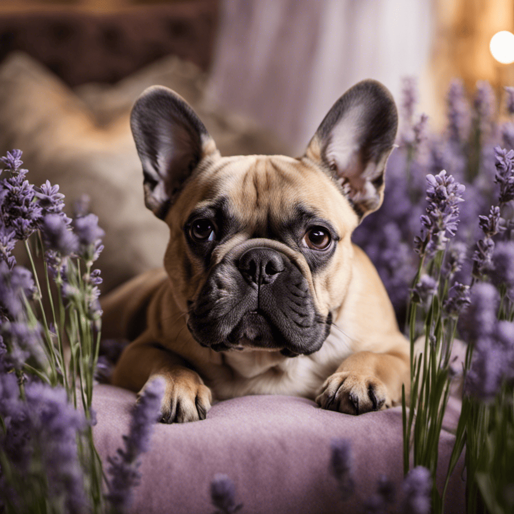 An image showcasing a serene French Bulldog resting peacefully on a plush bed, surrounded by soothing lavender and chamomile, with a diffuser emitting calming aromas in the background