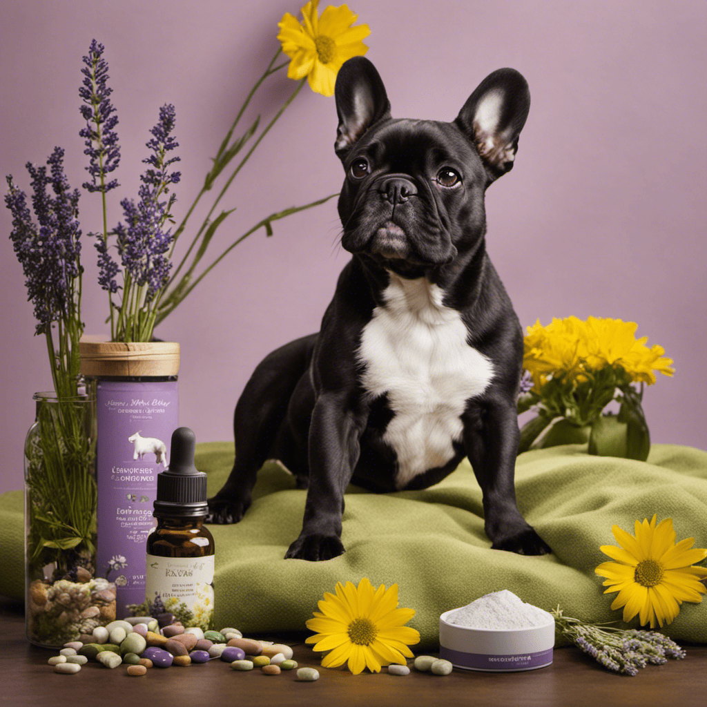 An image featuring a serene French Bulldog lounging on a cozy bed, surrounded by calming supplements like chamomile, lavender, and valerian