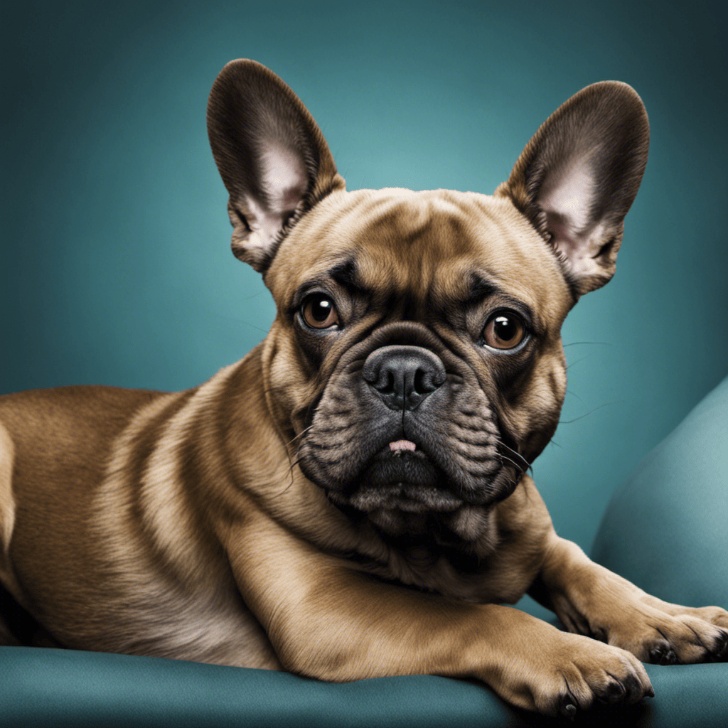 An image capturing a French Bulldog displaying signs of anxiety, with widened eyes, tense body posture, and a trembling lip