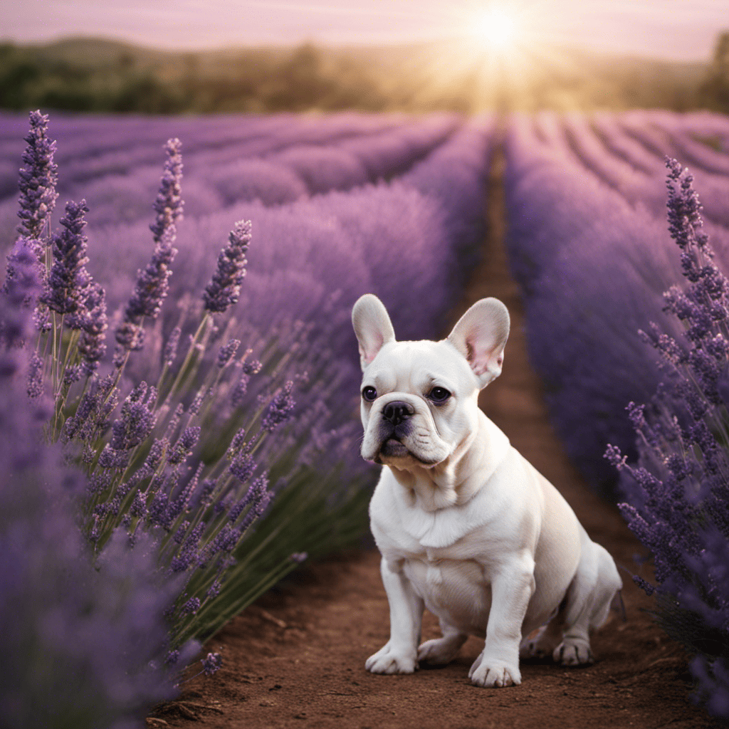 An image showcasing a serene French Bulldog surrounded by lavender fields, with a calming diffuser emitting soothing scents in the background