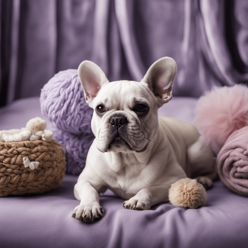 An image showing a French Bulldog lying peacefully on a soft, cozy bed with a lavender-scented diffuser nearby, surrounded by calming toys and wearing a snug anxiety wrap