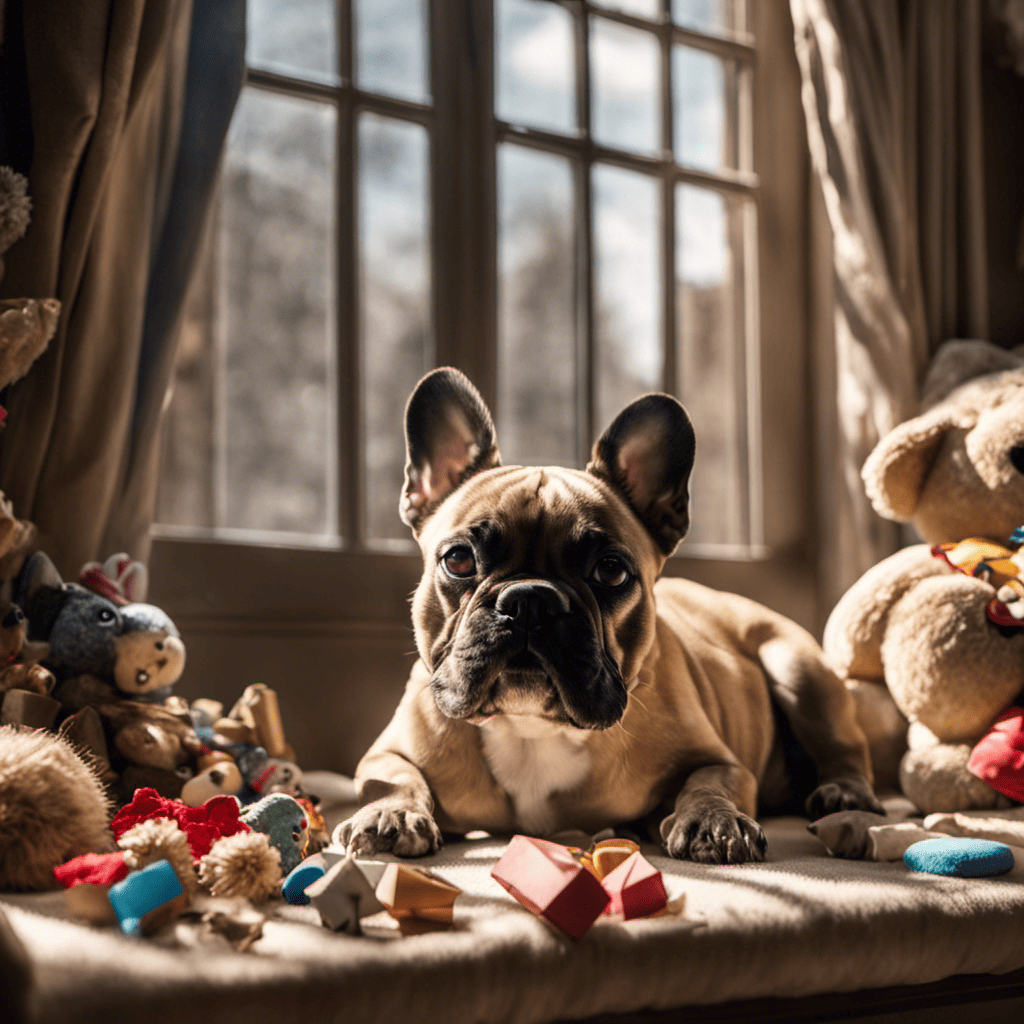 An image featuring a solitary French Bulldog, trembling with wide eyes, while surrounded by scattered toys and a torn pillow