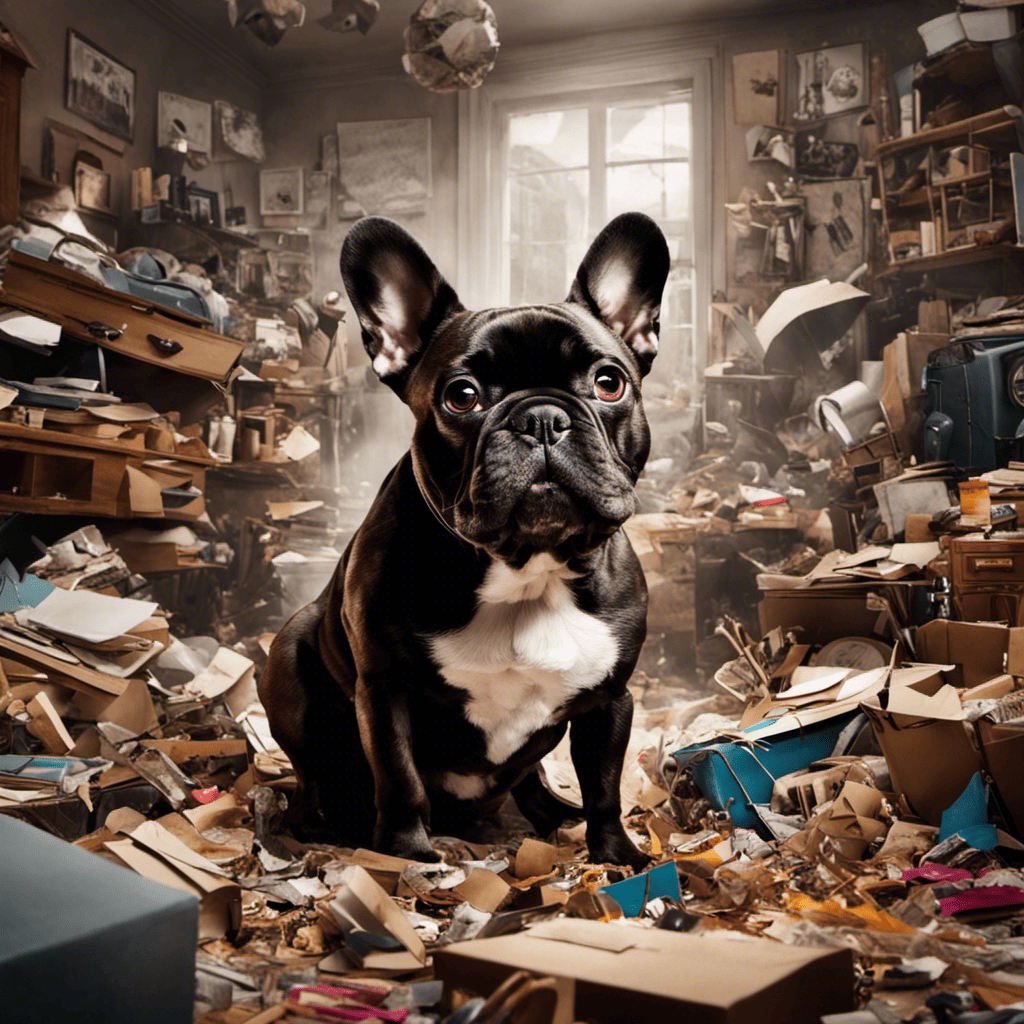 An image of a French Bulldog nervously pacing in a cluttered, chaotic room with loud noises in the background, highlighting the impact of clutter, noise, and disorganization on French Bulldog anxiety