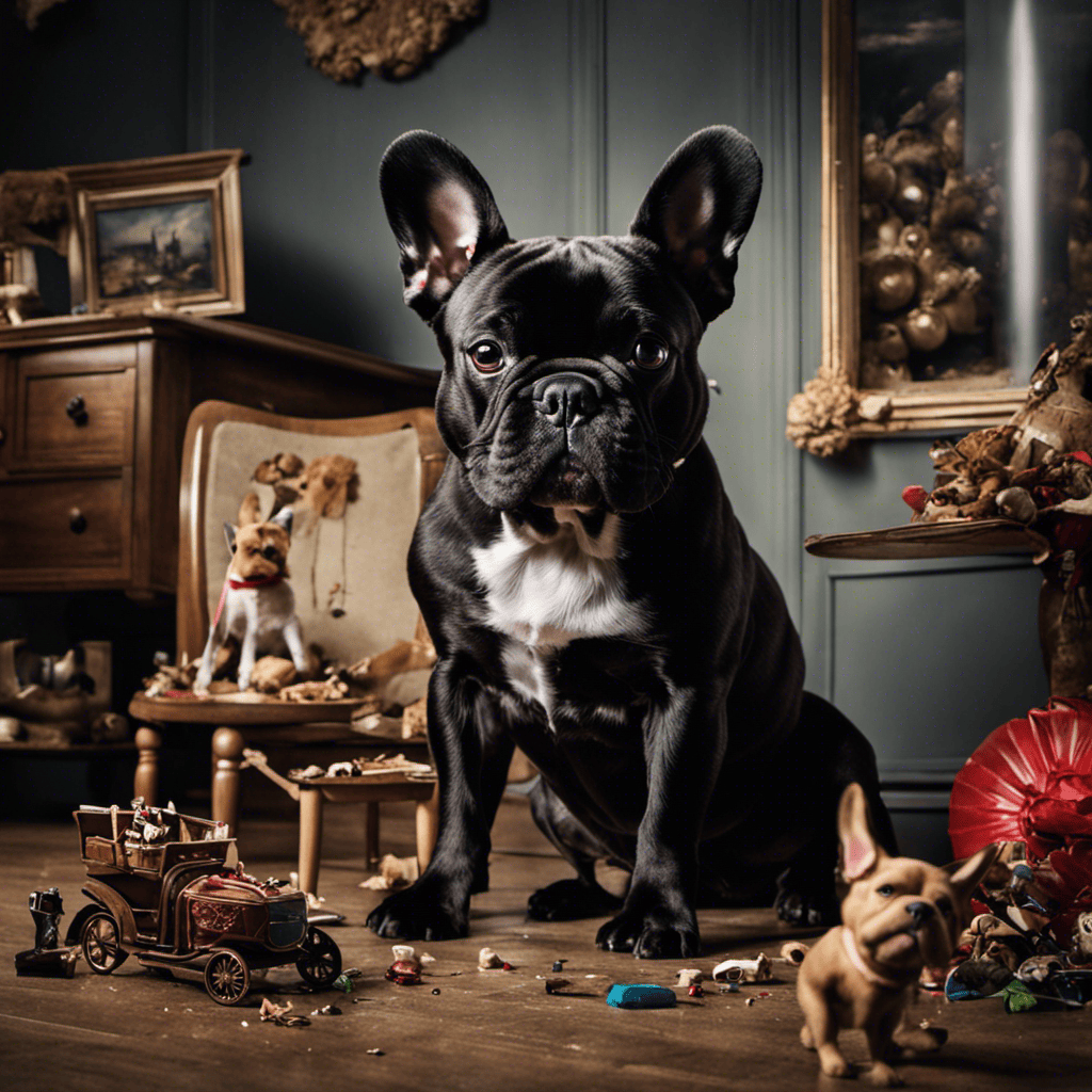 An image depicting a French Bulldog alone in a dimly lit room, with scattered chewed-up toys and overturned furniture, highlighting the dog's anxious behavior