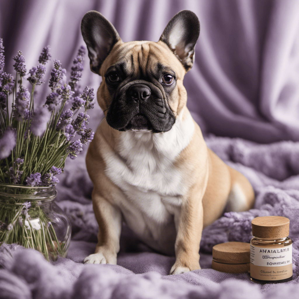 An image depicting a serene French Bulldog curled up on a cozy bed with soothing lavender essential oil diffusing in the background, surrounded by calming herbs like chamomile and valerian