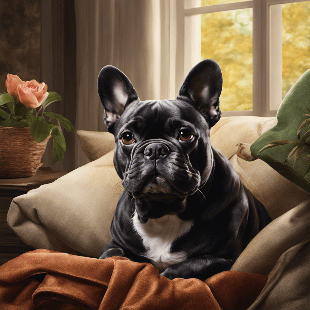 An image capturing a serene scene of a French Bulldog engaged in a calming activity, such as being gently stroked by its owner or peacefully resting in a cozy den, showcasing a behavioral solution for managing their anxiety