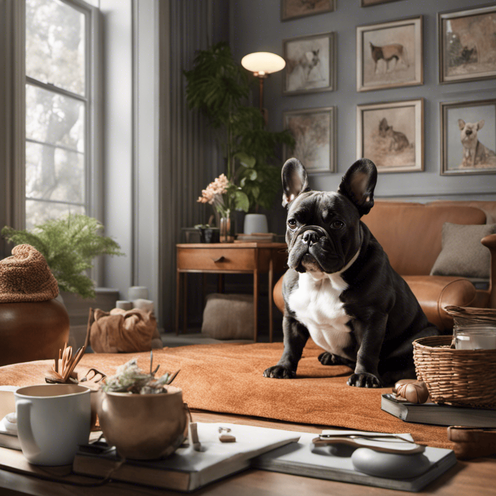 An image of a concerned French Bulldog sitting next to a therapist in a cozy office, surrounded by calming decor