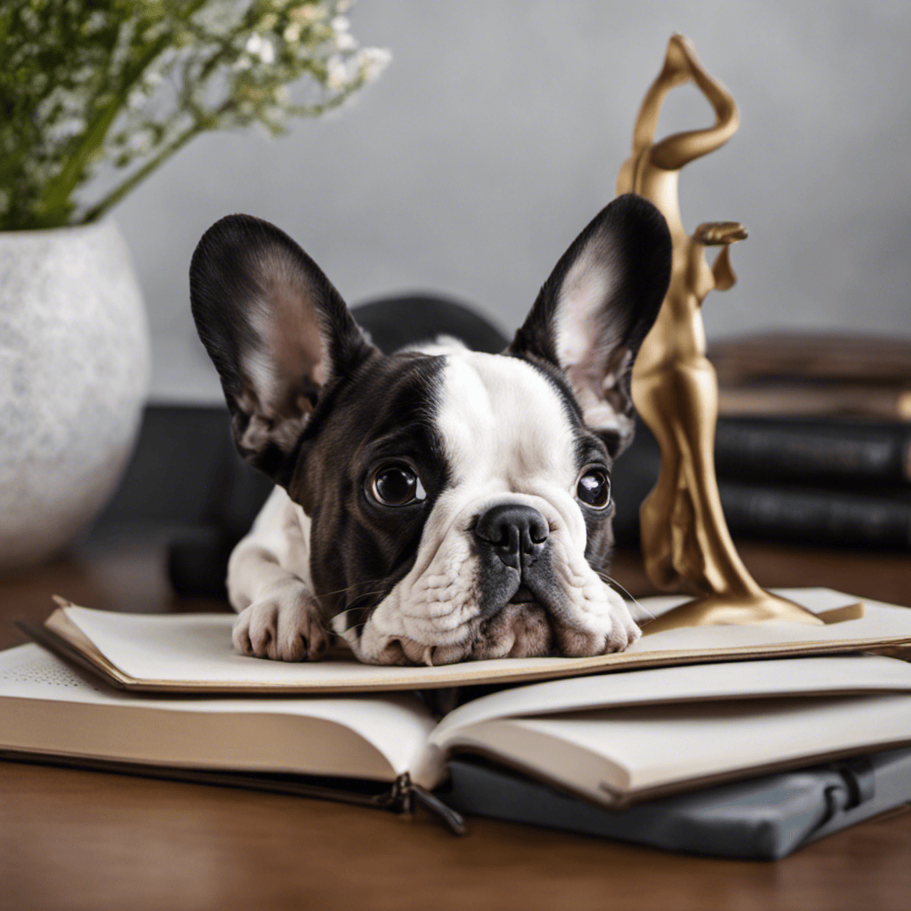 An image capturing the essence of French Bulldog anxiety, depicting a solemn Frenchie, ears drooping, eyes filled with worry, as it paws at a chewed-up toy, symbolizing the underlying causes of their anxiety