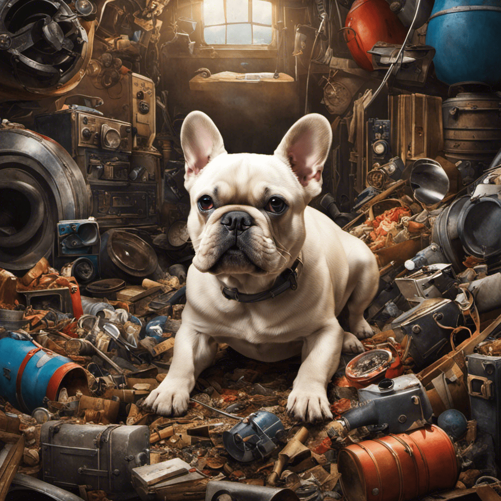 An image that depicts a French Bulldog in a confined space, surrounded by cluttered surroundings, loud noises, and harsh lighting, symbolizing the overwhelming environmental factors that contribute to their anxiety