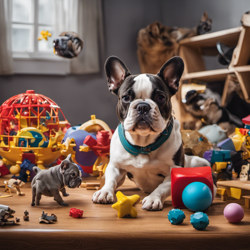 An image depicting a French Bulldog happily playing with a puzzle toy, surrounded by various engaging toys and a filled Kong, while a bored-looking French Bulldog sits nearby, emphasizing the importance of mental stimulation to combat boredom barking