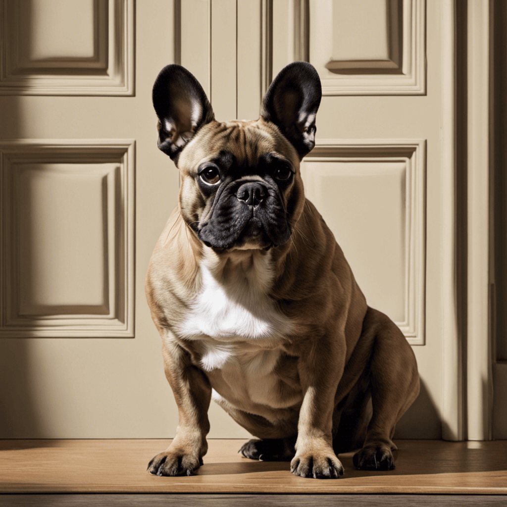 An image capturing a French Bulldog standing alertly in front of a closed front door, ears perked up, with a concerned expression on its face, showcasing territorial behavior and excessive barking at home