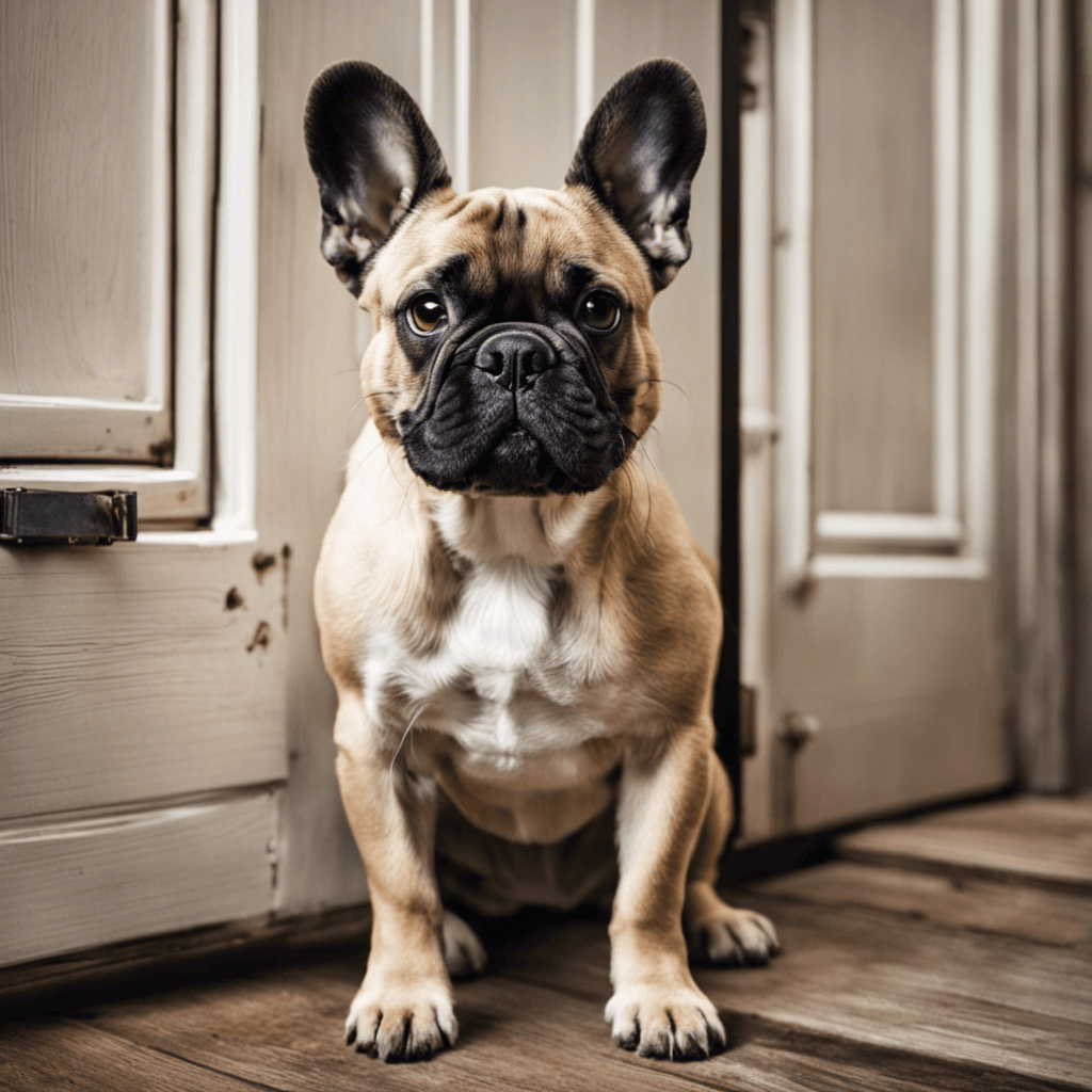 An image showing a distressed French Bulldog sitting alone by a closed door, with a visibly anxious expression, while outside the door, blurred figures engage in various activities, symbolizing the major cause of separation anxiety and excessive barking