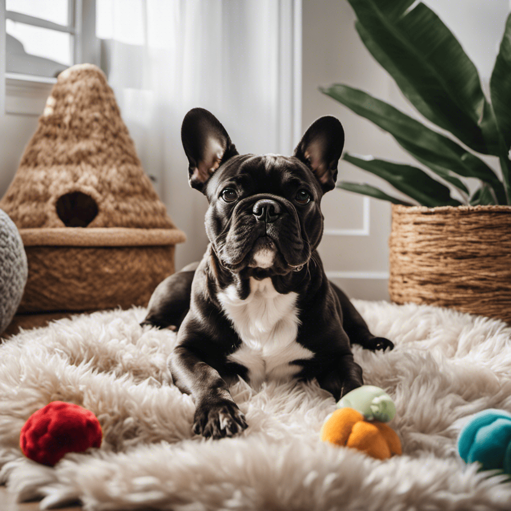 E image of a French Bulldog lounging on a plush dog bed, surrounded by interactive toys, a puzzle feeder, and a calming diffuser filling the room with soft, soothing scents