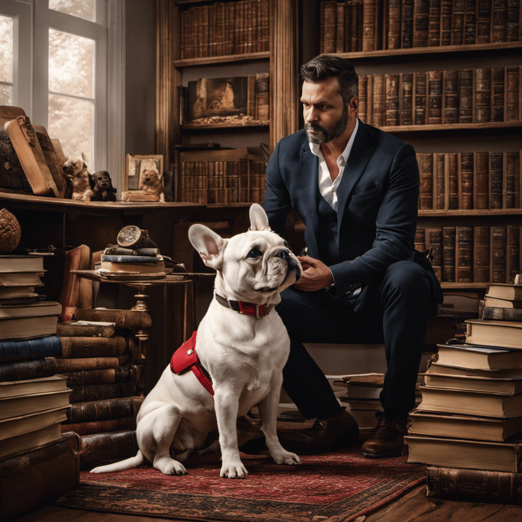 An image of a concerned owner sitting with their French Bulldog, surrounded by various books on dog behavior