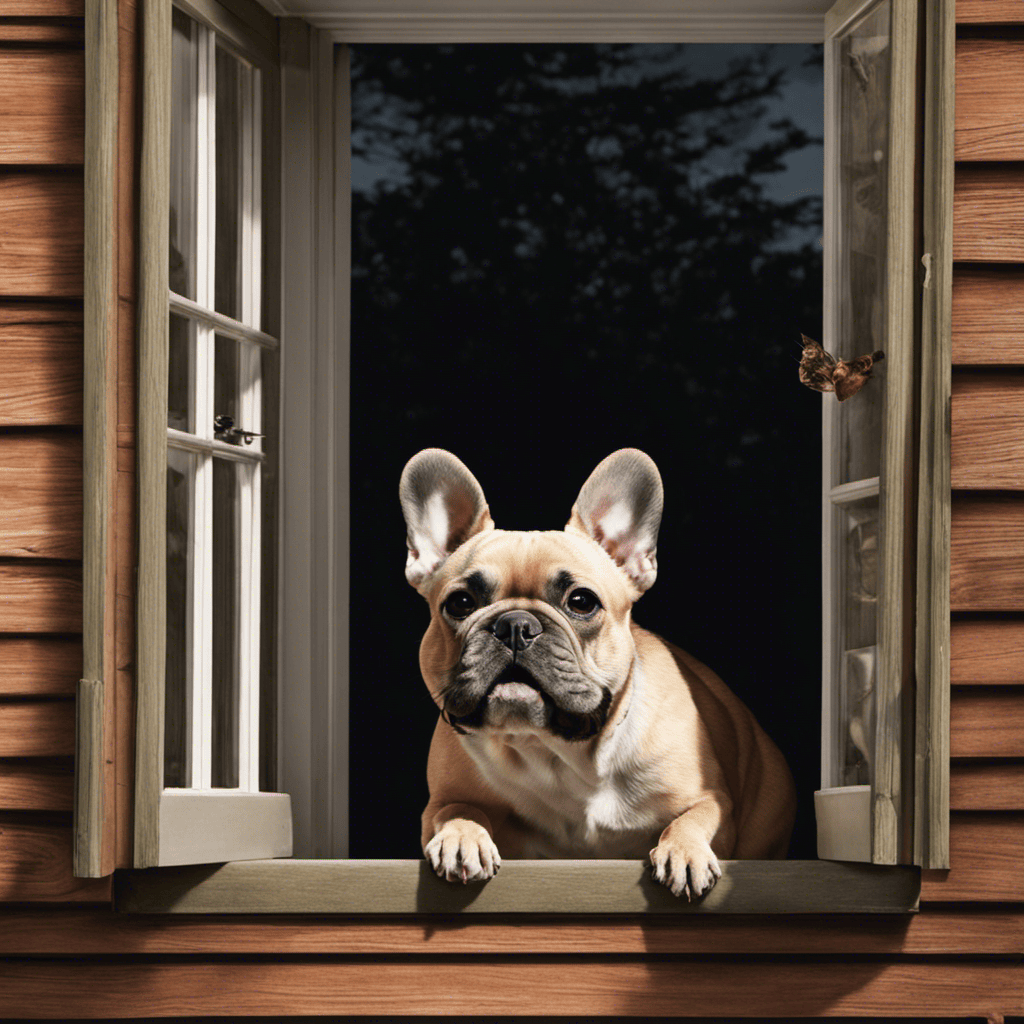 An image showcasing a French Bulldog barking at a squirrel outside a window, highlighting its natural instinct to protect territory and communicate