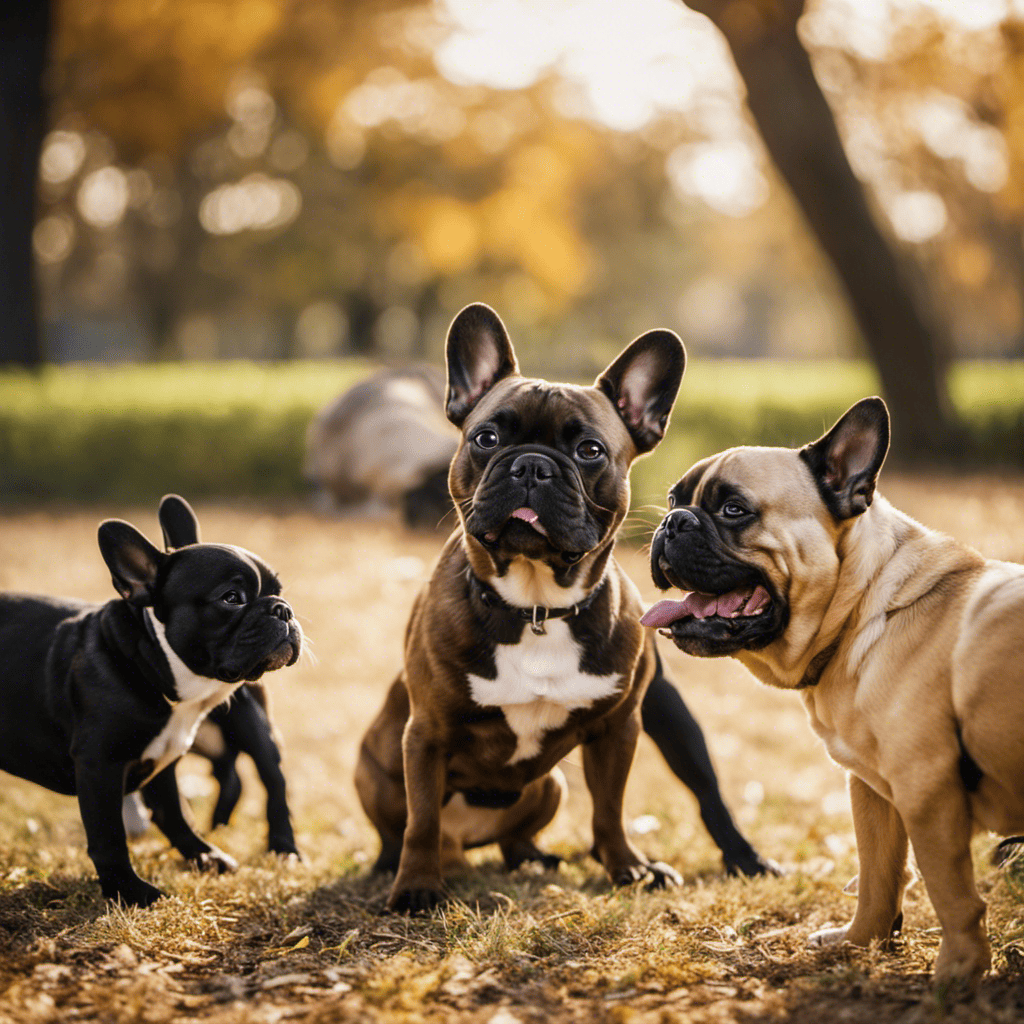 An image of a French Bulldog happily playing with a group of diverse dogs in a well-lit, spacious park