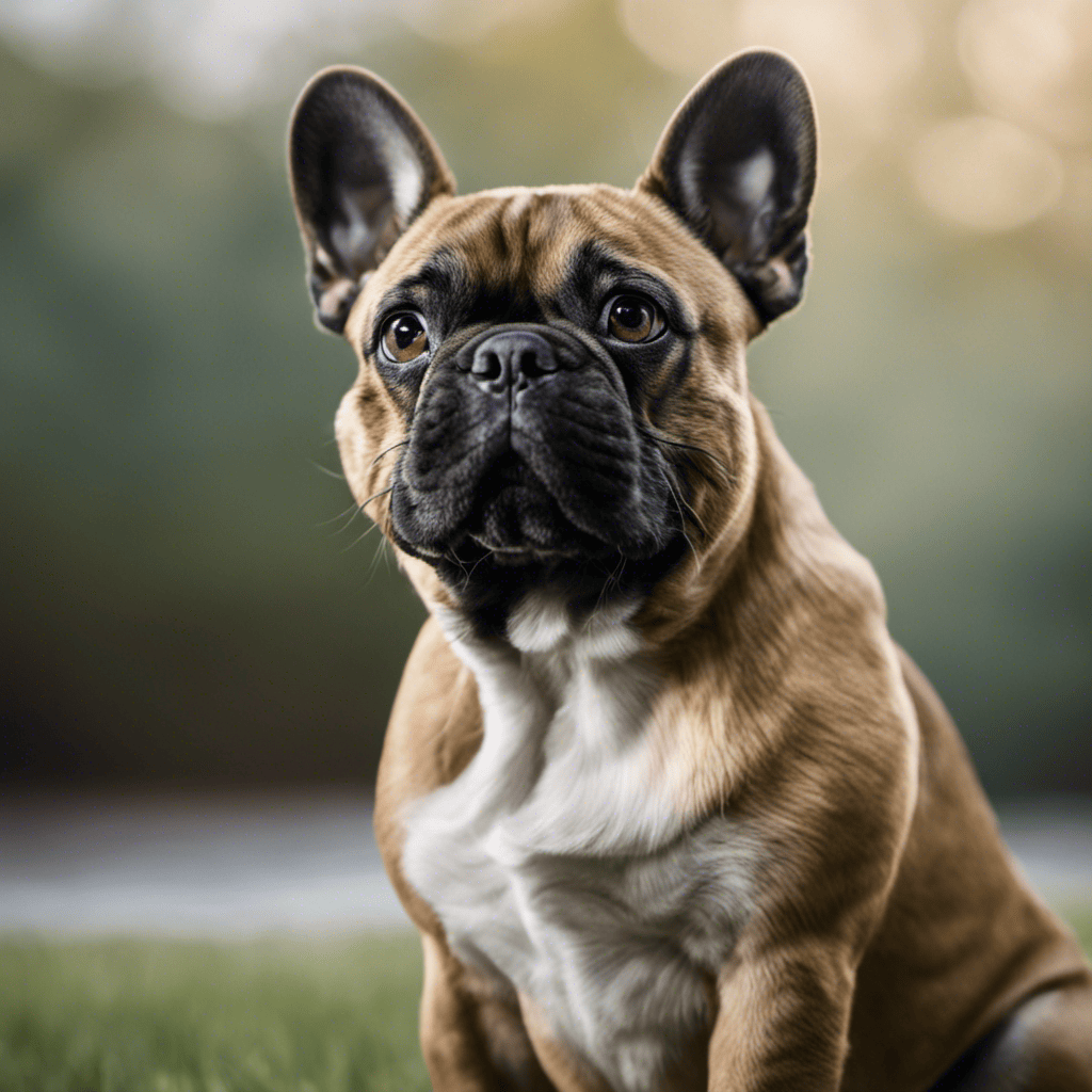 An image capturing a French Bulldog's alert posture, with ears perked up, wide eyes, and a slightly tilted head