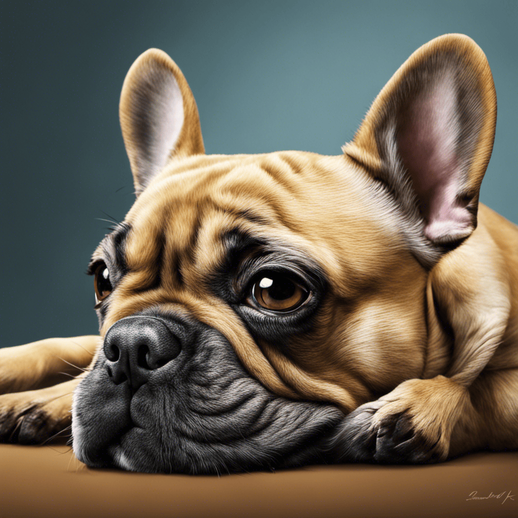 An image capturing a close-up of a French Bulldog's face, showcasing its wrinkled forehead, raised eyebrows, and alert eyes