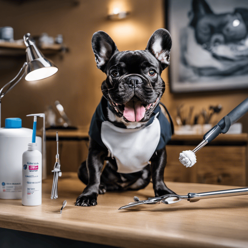 An image showcasing a French Bulldog happily sitting on a veterinarian's table, with a dental specialist wearing gloves and holding dental tools, ready to perform a professional dental cleaning