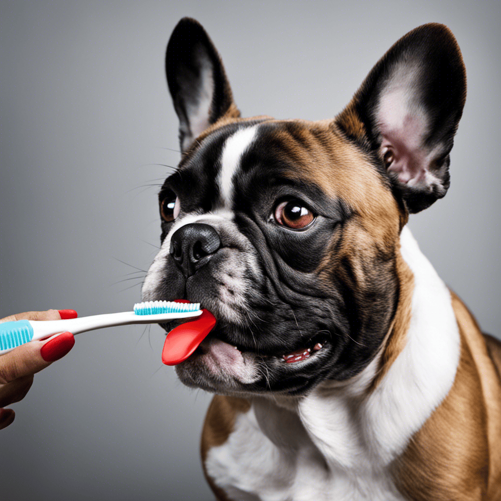 An image showcasing a close-up view of a French Bulldog's mouth, with a toothbrush in hand and toothpaste applied, demonstrating the proper technique of brushing their teeth