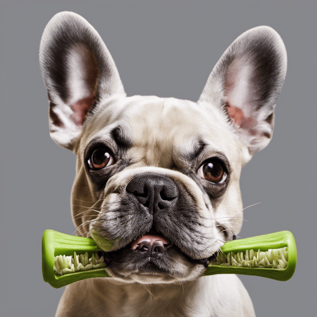 An image showcasing a French Bulldog happily chewing on a dental chew treat, with clean white teeth and fresh breath