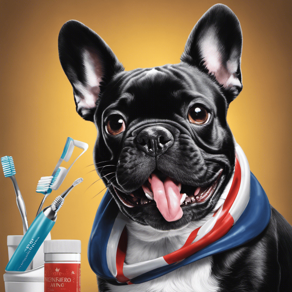 An image depicting a French Bulldog happily chewing on a dental-friendly treat, while a vet gently brushes its teeth