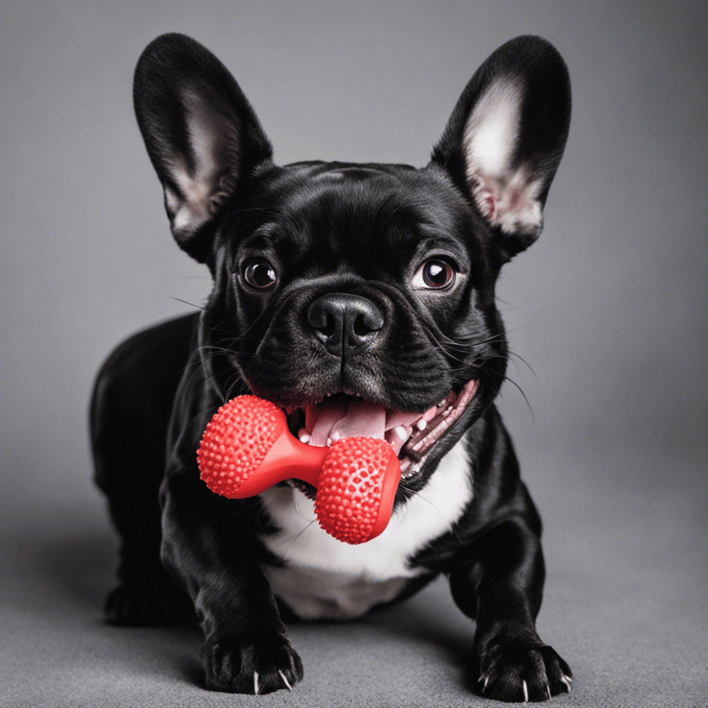 An image that showcases a smiling French Bulldog contently chewing on a durable dental chew toy, emphasizing its textured surface and promoting healthy teeth and gums