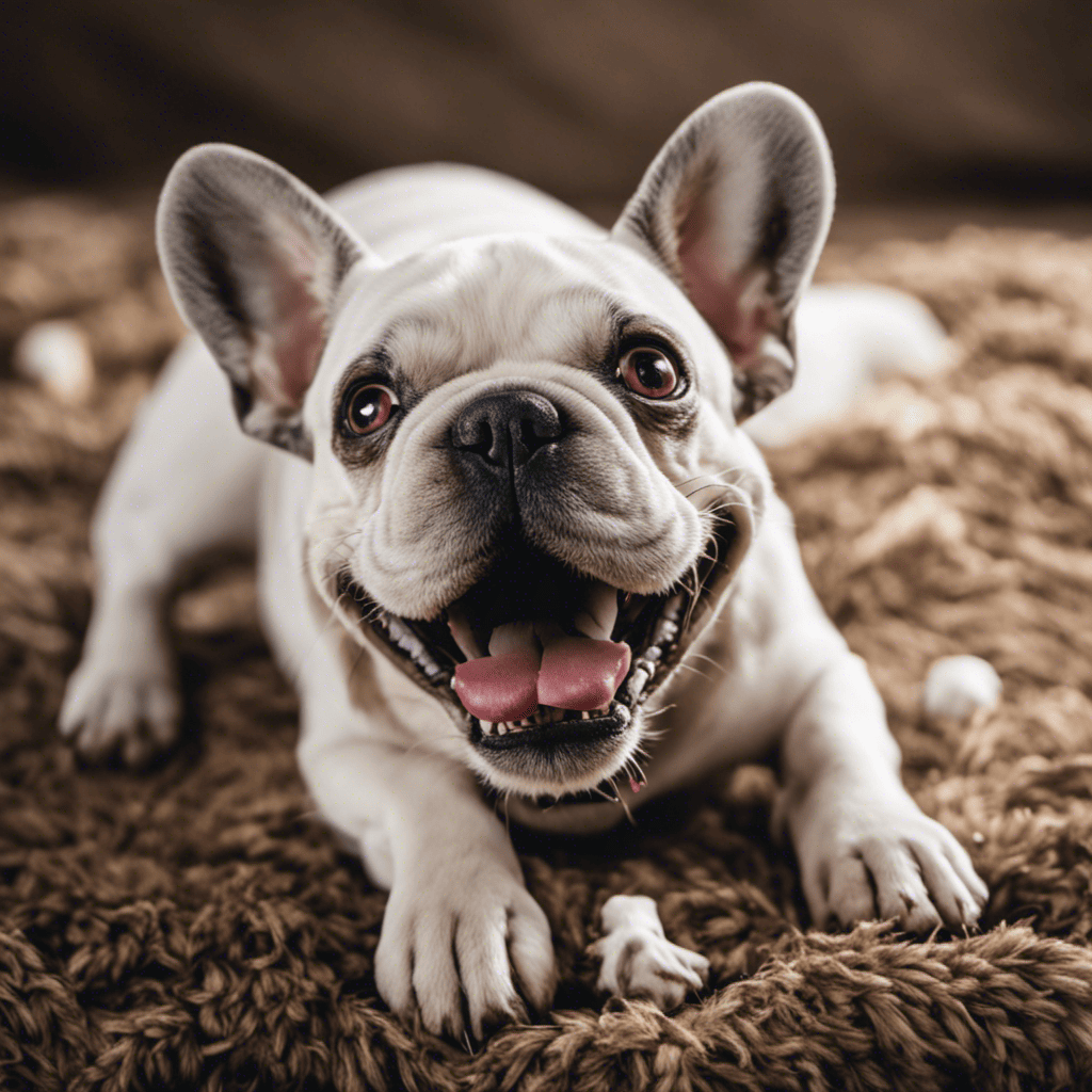 An image with a close-up of a content French Bulldog, happily chewing on a dental chew toy, emphasizing the importance of dental care