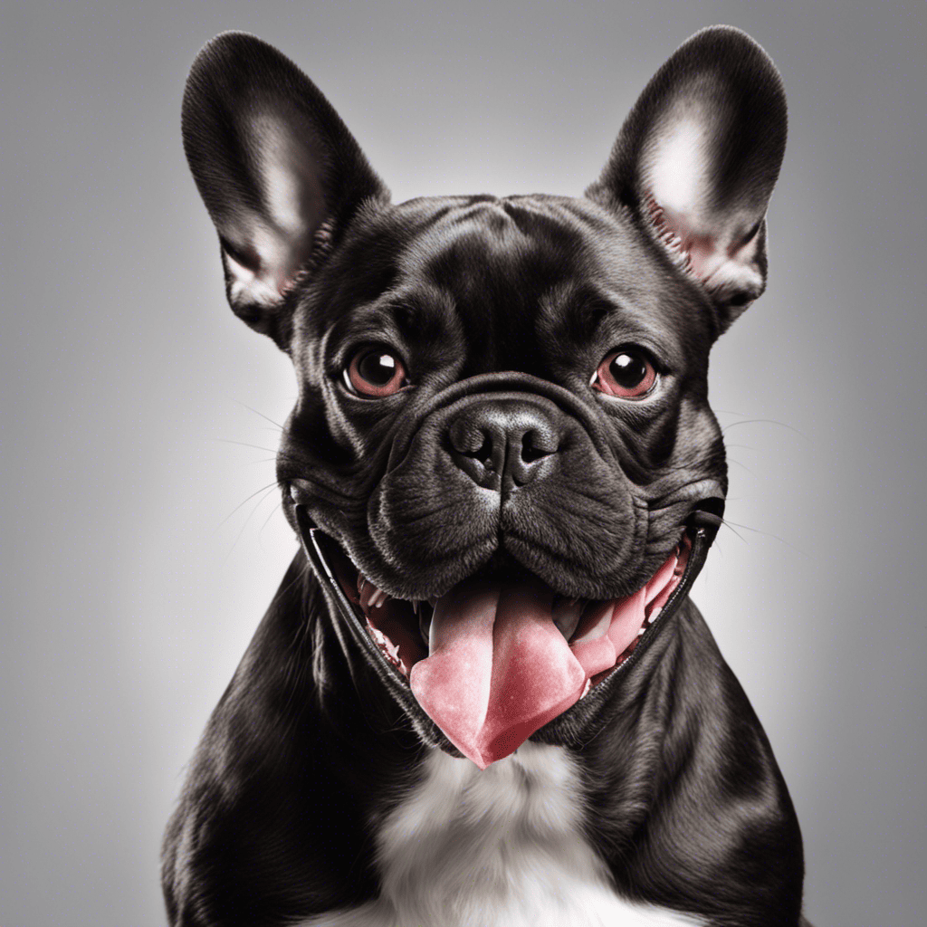 An image that showcases a French Bulldog's mouth with clear signs of dental problems, such as inflamed gums, tartar buildup, and bad breath