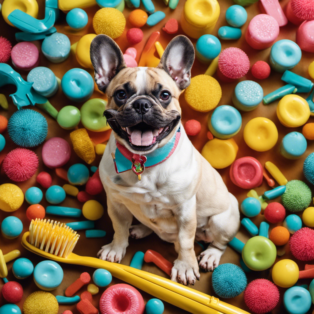 An image showcasing a content French Bulldog with a bright smile, sitting on a colorful toothbrush surrounded by dental treats and a dental instrument, emphasizing the importance of proper dental care