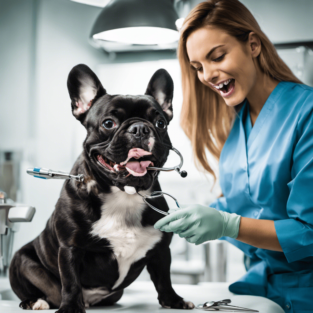 An image of a content French Bulldog seated on a veterinarian's examination table, with a skilled vet carefully examining the dog's teeth, using specialized dental instruments and a bright light to ensure optimal oral health