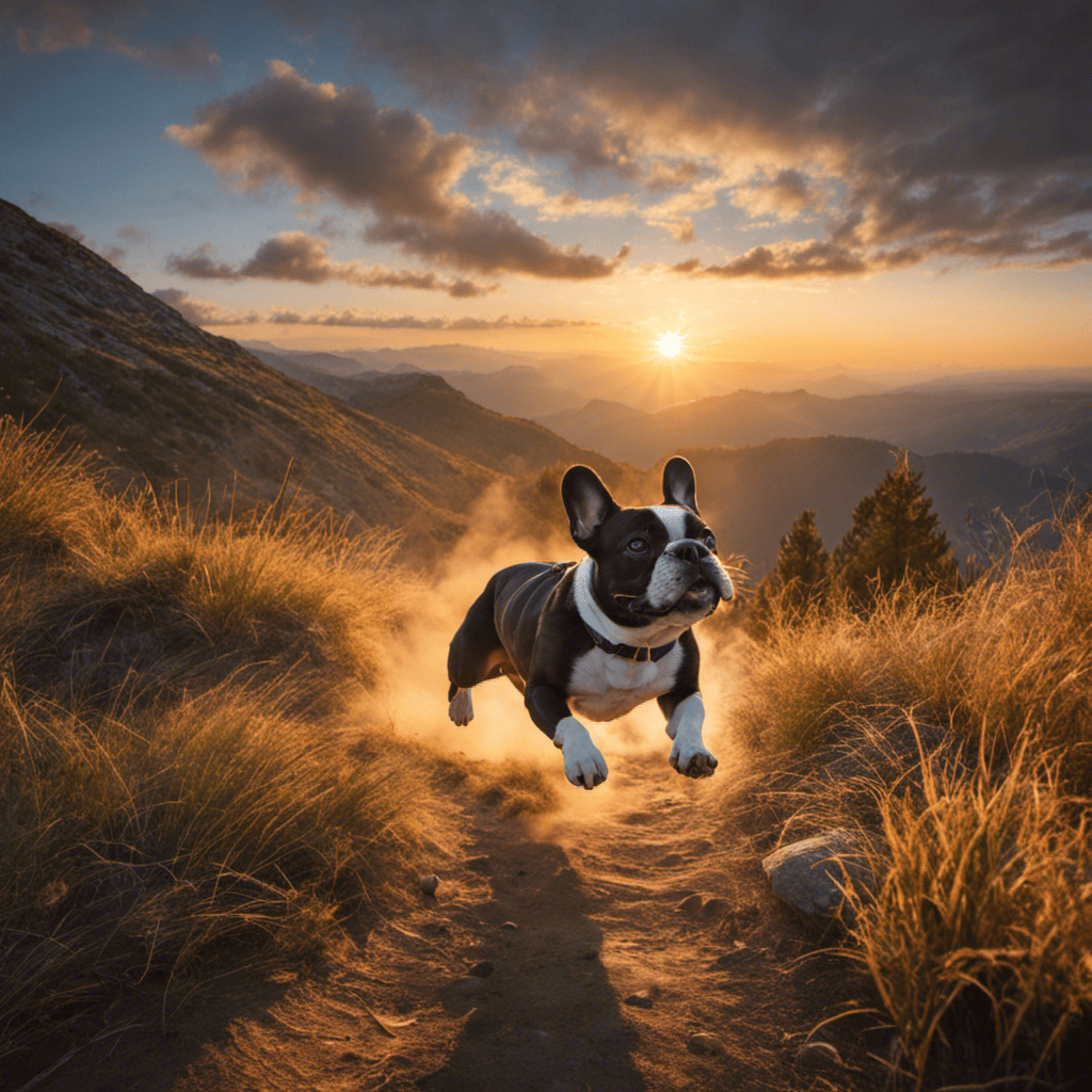 An image of a French Bulldog joyfully sprinting alongside its owner during a sunset hike in the mountains, showcasing their bond and outdoor adventure