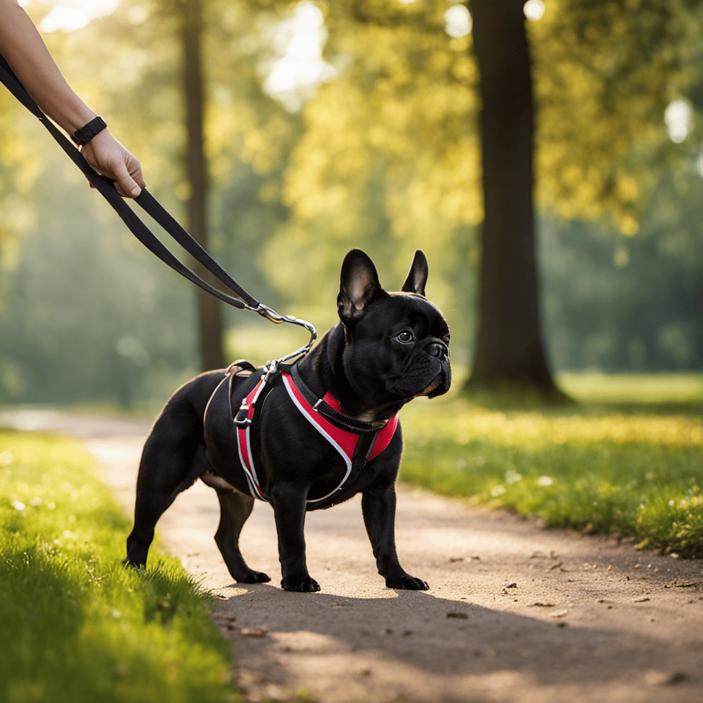 An image capturing a French Bulldog owner adjusting the leash length to ensure proper mobility, while outdoors in a park