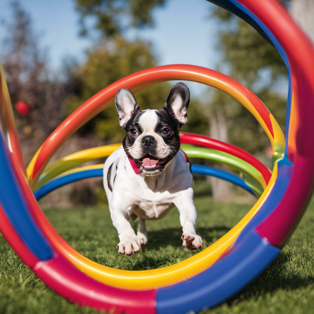 An image showcasing a French Bulldog happily playing with a durable, interactive ball in a spacious backyard, surrounded by colorful agility hoops, a tunnel, and a frisbee, emphasizing the importance of engaging toys for their physical activity