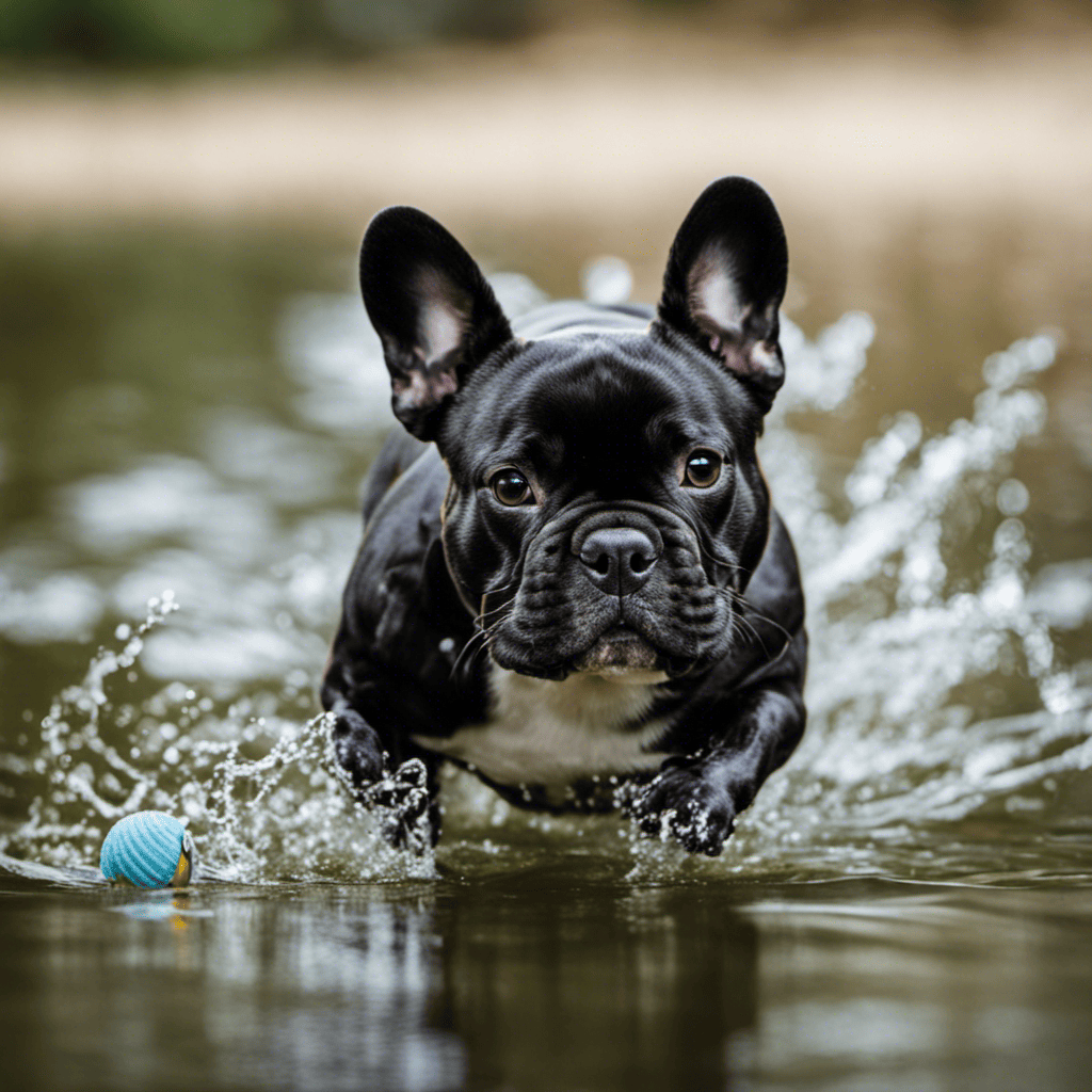 An image showcasing French Bulldogs engaging in low-impact exercise alternatives, like swimming or walking on soft surfaces, to accommodate their health conditions