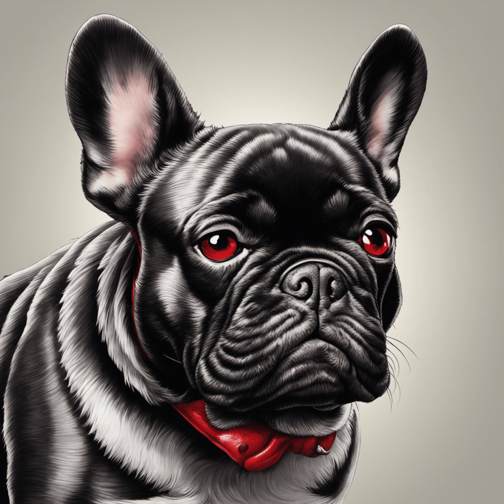 An image depicting a French Bulldog with red, irritated eyes, squinting and rubbing its face