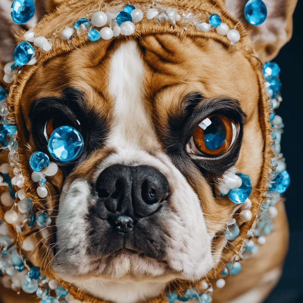 An image showcasing a close-up of a French Bulldog's eye, with a variety of eye drops and ointments neatly arranged beside it