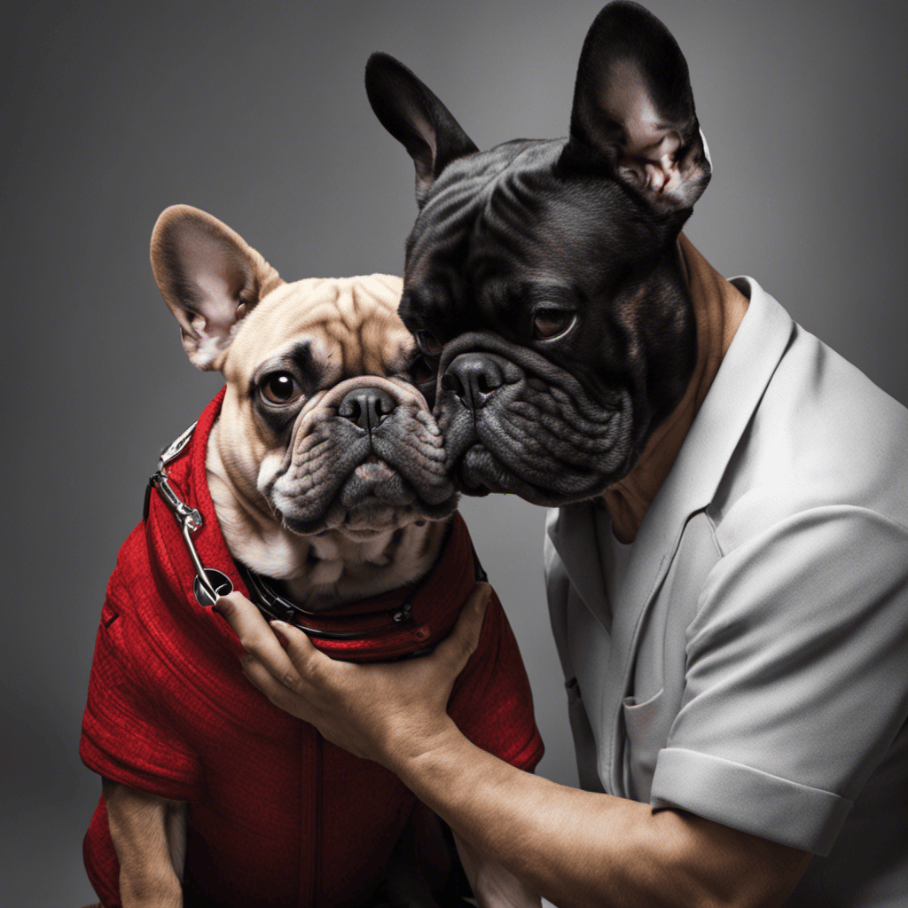An image depicting a concerned French Bulldog with red, swollen eyes, looking towards its owner
