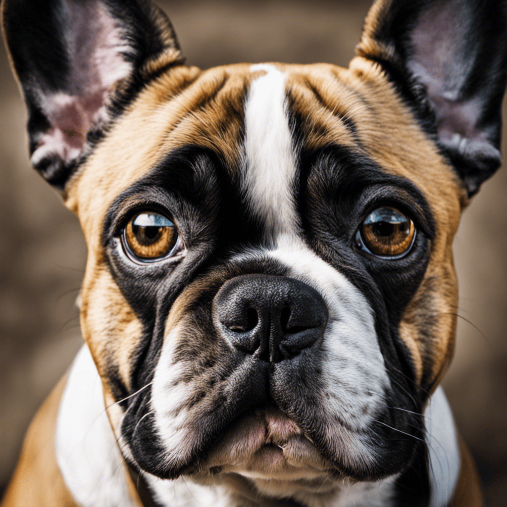 An image showcasing a close-up of a French Bulldog's face, with clear focus on its expressive, wide-set eyes