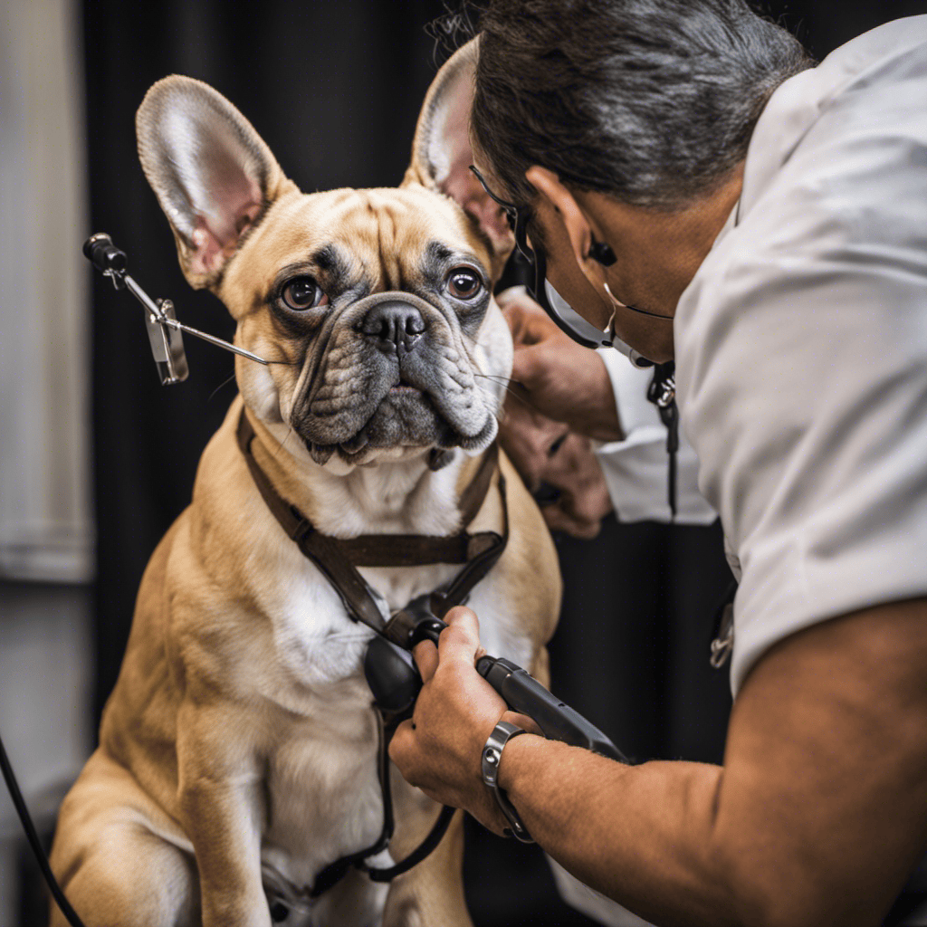 An image showcasing a French Bulldog receiving an eye examination from a veterinarian