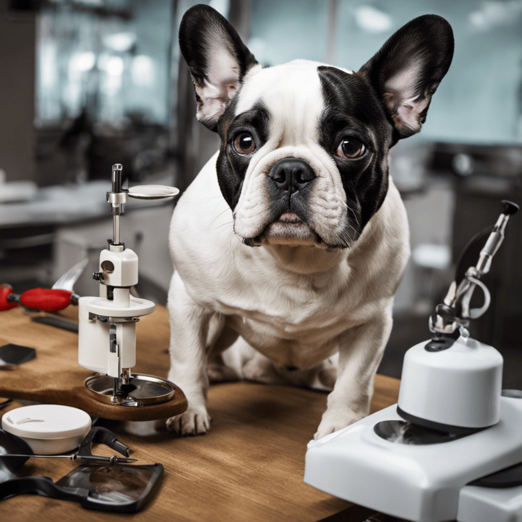 An image showcasing a skilled veterinary surgeon delicately performing a corrective eye surgery on a French Bulldog, highlighting the precision and expertise required to treat common eye problems in this breed